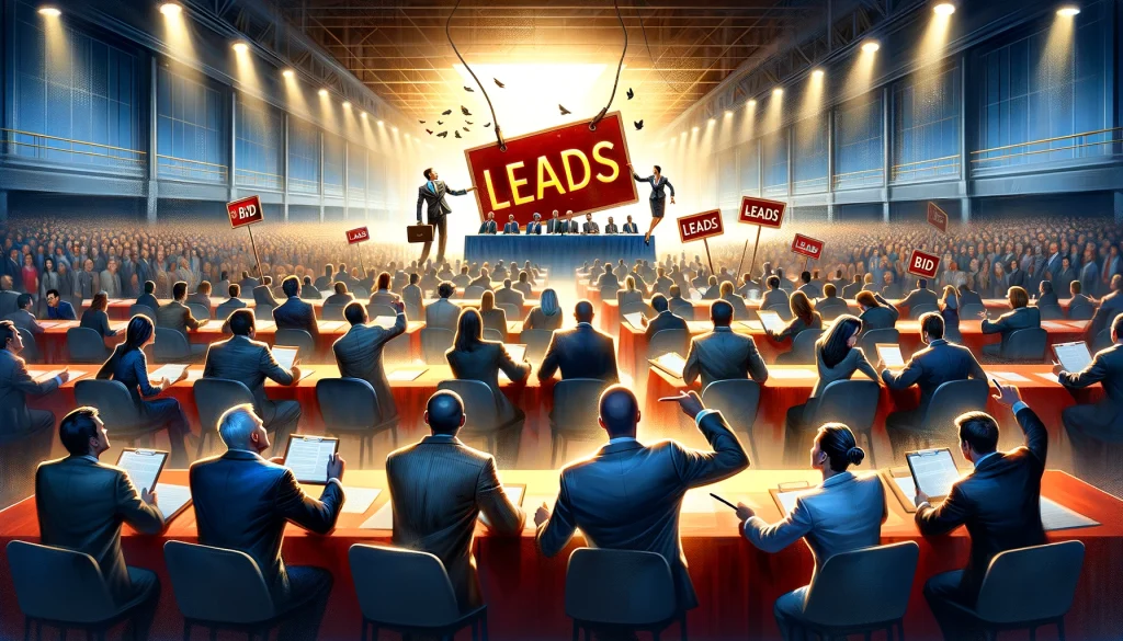 Animated auction event with bidders and "LEADS" sign.