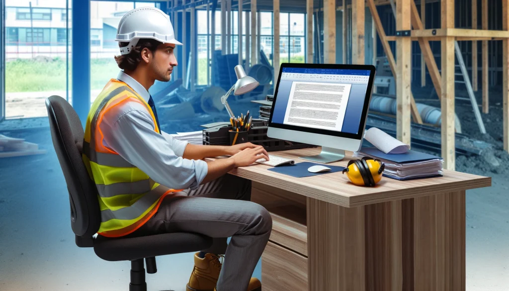 Engineer reviewing plans at construction site office.